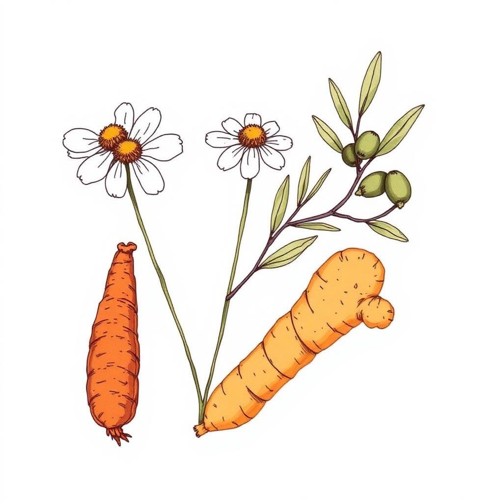 Ilustração botânica de camomila, açafrão e oliveira
