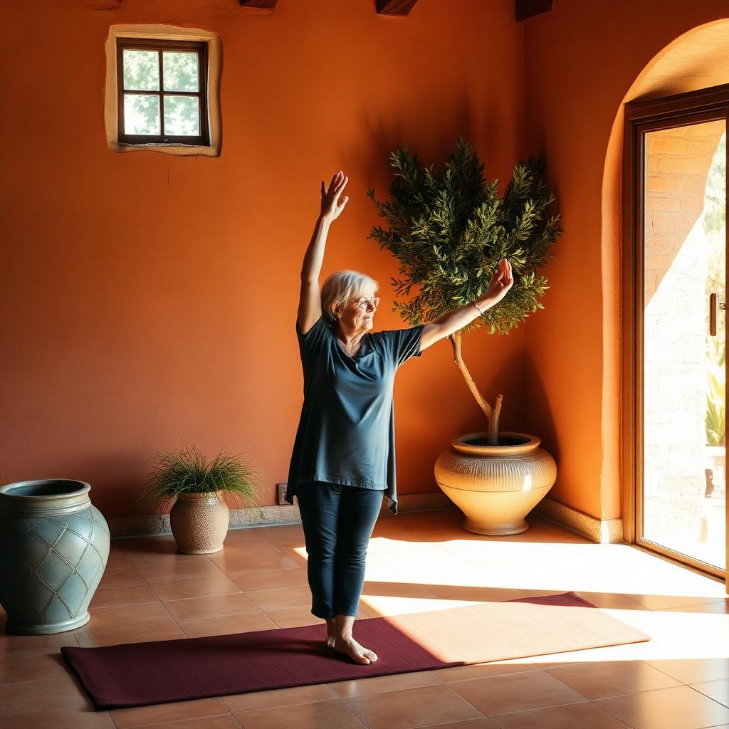 Senhora a fazer yoga suave em casa